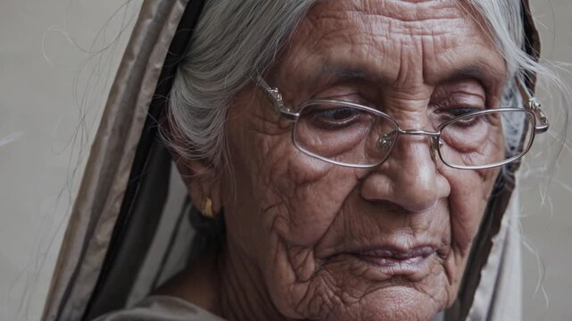 Close up portraits of an elderly Indian woman wearing glasses and a headscarf, her face etched with wrinkles, creating a sense of wisdom and experience