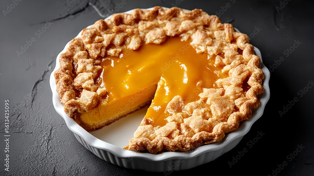 Aufkleber pie with a slice missing is on a table. the pie is golden brown and has a sweet, caramel-like fillin