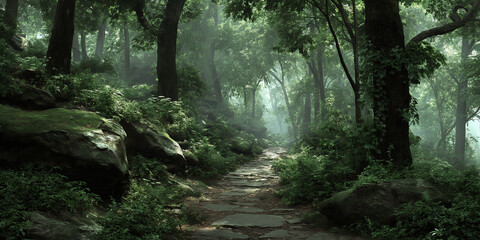 Forest Path on a Rainy Day with Mist Rising, Moody Nature Landscape, Serene Woodland Trail