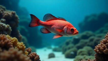Marine Wildlife Tropical Red Fish Swim Underwater in Blue Ocean with Coral Reef
