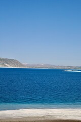Blue lake scenery. River, trees, sky. Lake in Turkey High quality photo