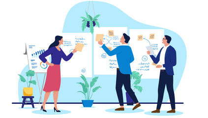 A business team of people having a meeting or a workshop session, using whiteboards to discuss and develop a new project plan or a business strategy, flat design vector illustration