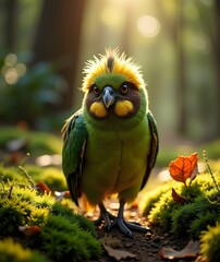 Cute Green and Yellow Bird Chick with a Magical Crest on Forest Floor Moss
