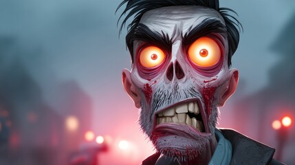 Cartoonish zombie man with red eyes and a bloody face. The man is wearing a black jacket and has a menacing look on his face