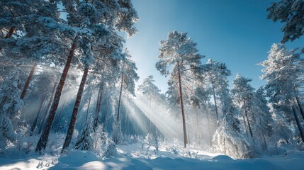 Snowy forest landscape with sunlight streaming through tall trees on a clear winter day