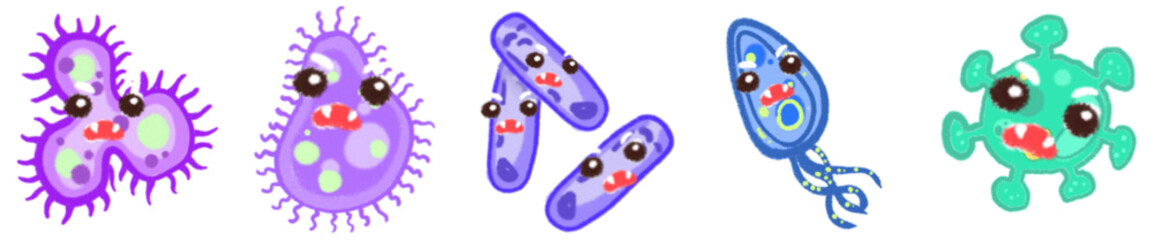 Cute Cartoon Style Virus and Bacteria Icons for Science, Biology, Health Education and Microorganism Illustrations