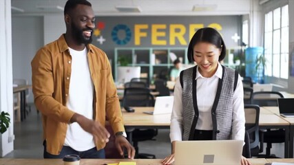 Two coworkers share a joyful moment in a bright office, exchanging high-fives as they celebrate their achievements during a productive afternoon meeting in a modern workspace