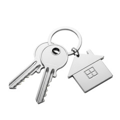 Two shiny, silver-colored house keys and a metallic house-shaped keychain on a polished metal circular keyring, isolated on a transparent background with ample copy space, perfect even studio