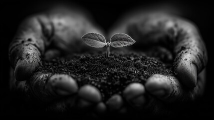 芽生えたばかりの小さな苗木を両手で優しく包み込むクローズアップ白黒写真 | Close-up black and white photo of hands gently cradling a tiny seedling sprout