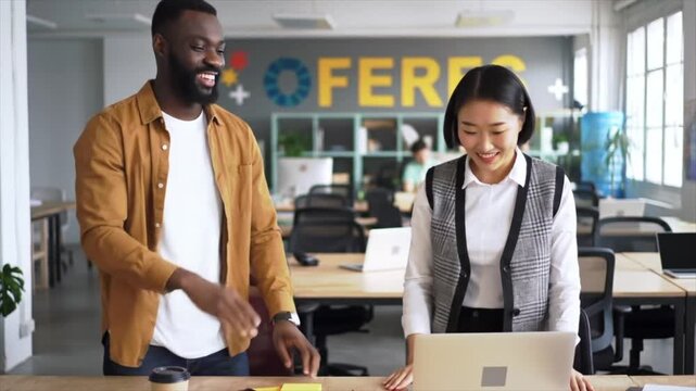 Two coworkers share a joyful moment in a bright office, exchanging high-fives as they celebrate their achievements during a productive afternoon meeting in a modern workspace