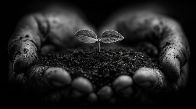 芽生えたばかりの小さな苗木を両手で優しく包み込むクローズアップ白黒写真 | Close-up black and white photo of hands gently cradling a tiny seedling sprout