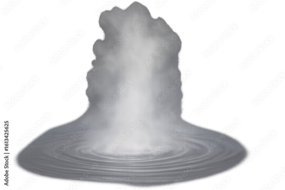 Poster misty fog swirling around splashing water, generating concentric ripples against translucent surface