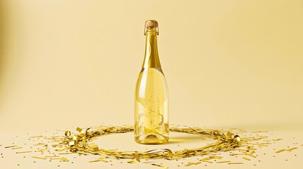 Golden champagne bottle with festive decorations on yellow background
