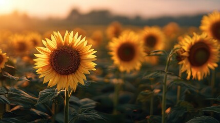 Sunflowers bloom in golden light during sunset in a vibrant field filled with nature's beauty