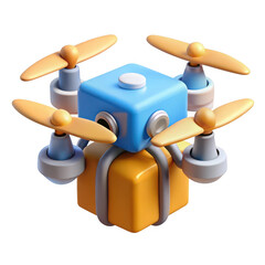Cute blue drone carrying a yellow gift box isolated on transparent background