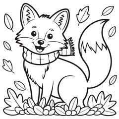 Cute Autumn Fox Wearing Scarf Surrounded by Falling Leaves – Thanksgiving Forest Animal Line Art Coloring Page for Kids

