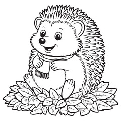 Adorable Hedgehog Wearing Scarf on Fall Leaves – Cute Autumn Forest Animal Line Art for Thanksgiving Coloring Page