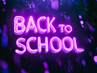 Back to school is written in neon purple letters. The image is a neon sign that is glowing in the dark
