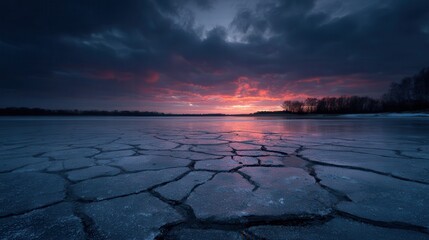 Cracked ice surface reflecting vibrant sunset over frozen lake during winter evening
