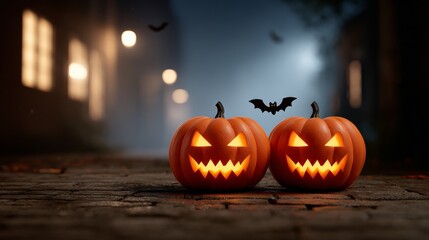 Two pumpkins with glowing eyes and a bat flying above them. Scene is spooky and Halloween-themed