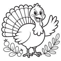 Smiling Thanksgiving Turkey with Decorative Feathers – Cartoon Holiday Bird Line Art Illustration for Kids Coloring Page

