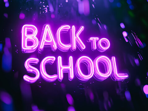 Back to school is written in neon purple letters. The image is a neon sign that is glowing in the dark