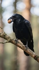 Fototapeta premium Crow Perched on a Branch Holding a Nut in Its Beak