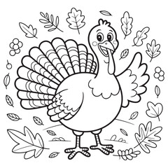 Thanksgiving Turkey Surrounded by Leaves – Classic Holiday Bird Line Art for Autumn Coloring Fun