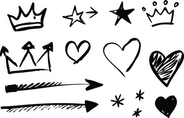Naklejka premium Random Decorative Vector Set – Heart, Star, Arrow, Queen Symbol, Love and Royal Icons Pack for Design Elements, Cute Clipart, Doodle Art, and Creative Graphics