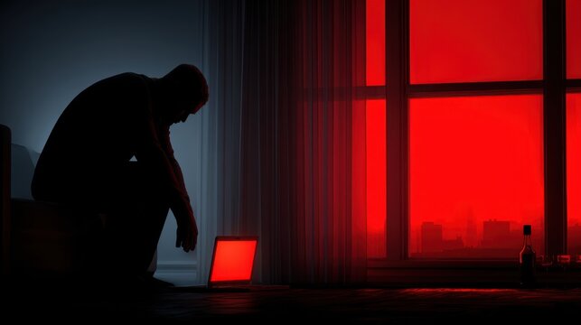 Lonely man sitting in dark room with red light coming from laptop and window