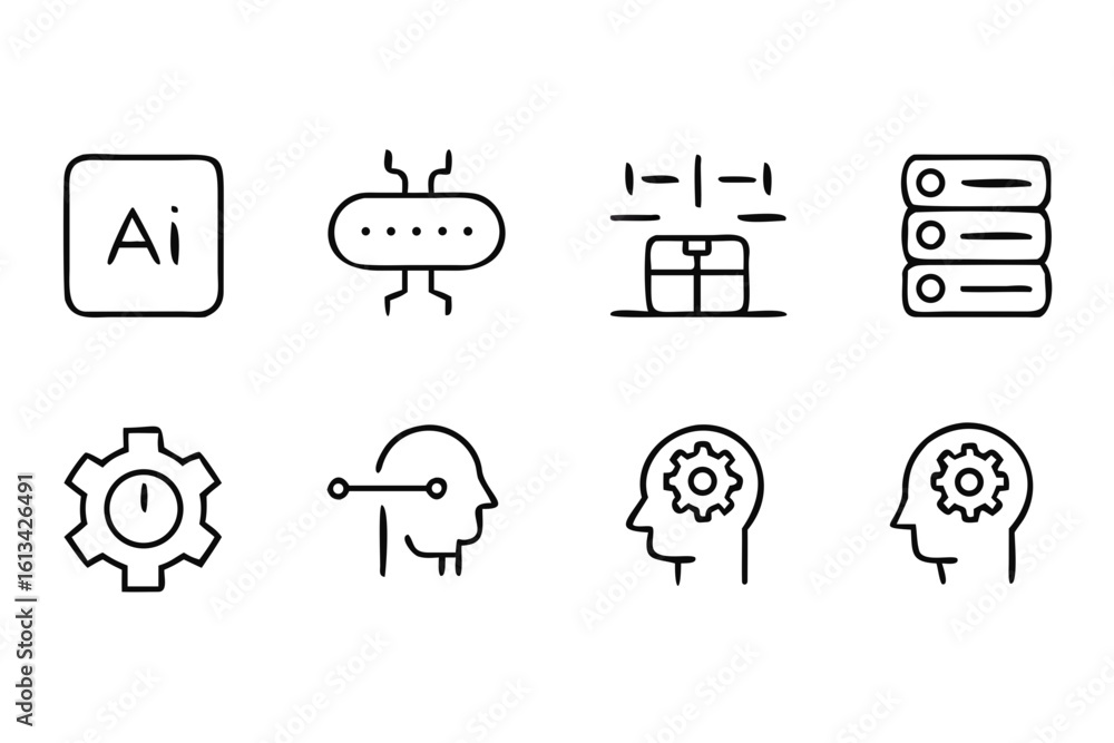 Poster artificial intelligence icons set with gear and server symbols technology machine learning