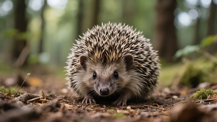 A hedgehog with spiky quills stands on forest floor, surrounded by natural woodland environment.