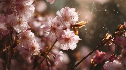 Cherry blossoms blooming beautifully in a serene garden during springtime rain