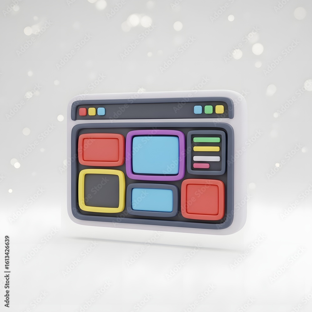 Fototapete a 3d render of a web browser interface with colorful content blocks against a bright, blurry backgro