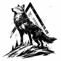 Wolf creative illustration badge for t-shirt design. Animal wolf concept poster design. Digital artistic raster bitmap illustration. Graphic design art. AI artwork.	