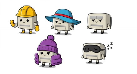 Cute digital device characters in various outfits