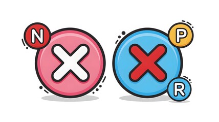 Two cartoonish x icons with letters n p and r in circles on a white background with black outlines