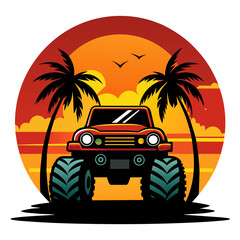 Off-road Monster Truck Vector Graphic with Palms and Sunset