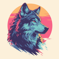 Wolf creative illustration badge for t-shirt design. Animal wolf concept poster design. Digital artistic raster bitmap illustration. Graphic design art. AI artwork.	