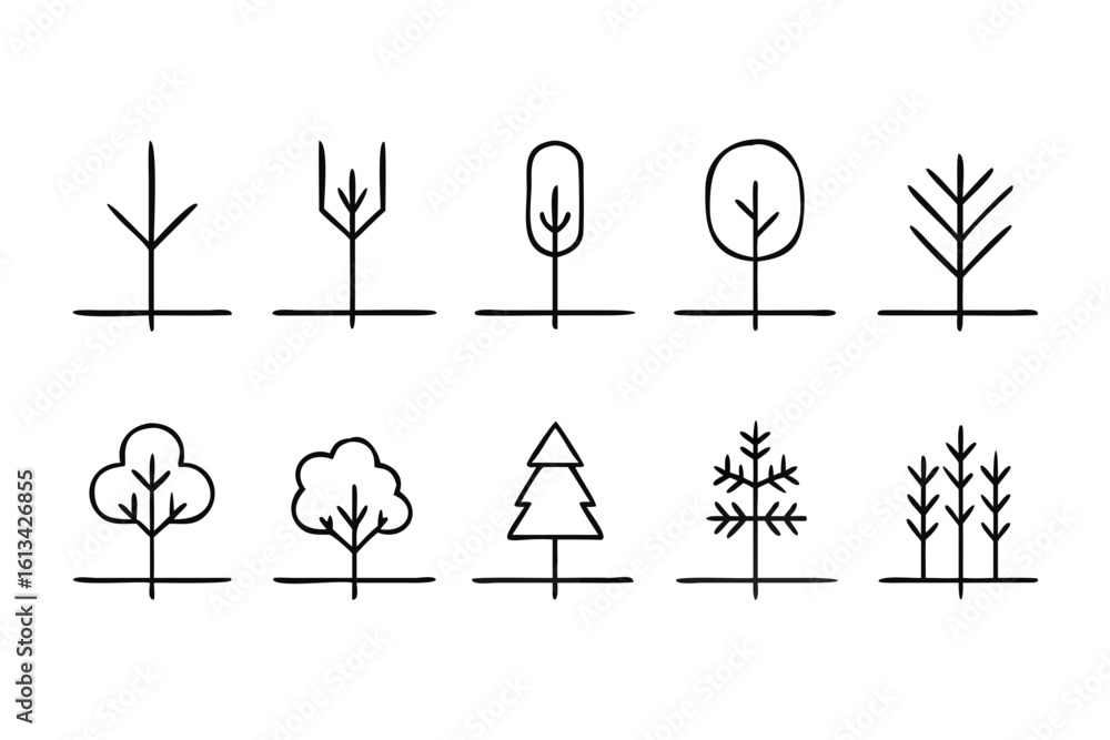 Poster collection of ten simple hand drawn tree icons with transparent background outline