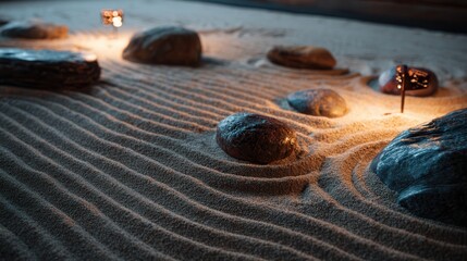 Calm sandy landscape with textured stones and serene patterns at an indoor zen garden space