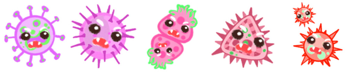 Cute Cartoon Style Virus and Bacteria Icons for Science, Biology, Health Education and Microorganism Illustrations