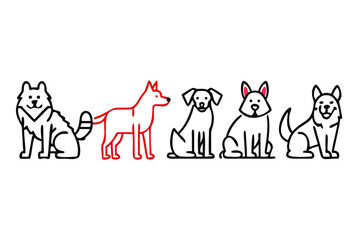 Naklejka premium Five dogs in a line one red dog standing out from the rest animal canine