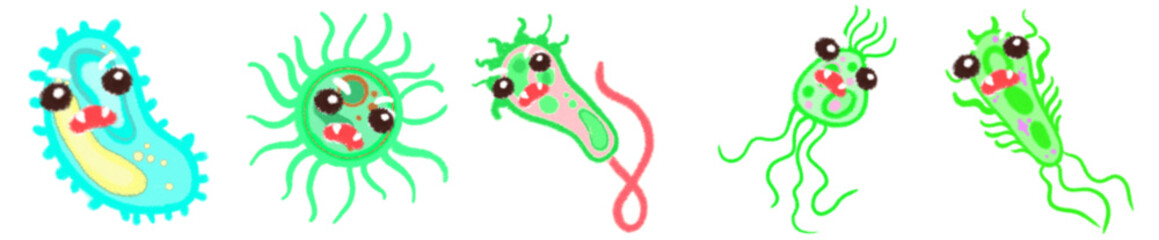 Cute Cartoon Style Virus and Bacteria Icons for Science, Biology, Health Education and Microorganism Illustrations
