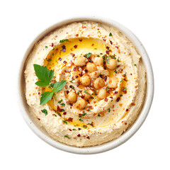 Delicious creamy hummus topped with chickpeas parsley and paprika isolated on transparent background