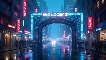 Obraz premium A neon-lit cyberpunk city street at night, featuring a large illuminated archway with the word 
