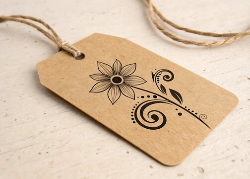 Vintage Kraft Tag with Floral Swirl on Pale Surface - Powered by Adobe