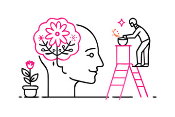 Person on ladder reaching for glowing idea above head with flower brain thinking creativity
