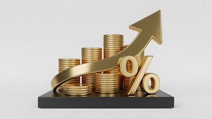 Golden arrow pointing up with percentage sign and stacks of coins on a black surface plain background