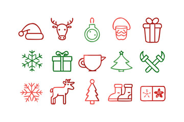 Red and Green Christmas Icons on White Background holiday symbol